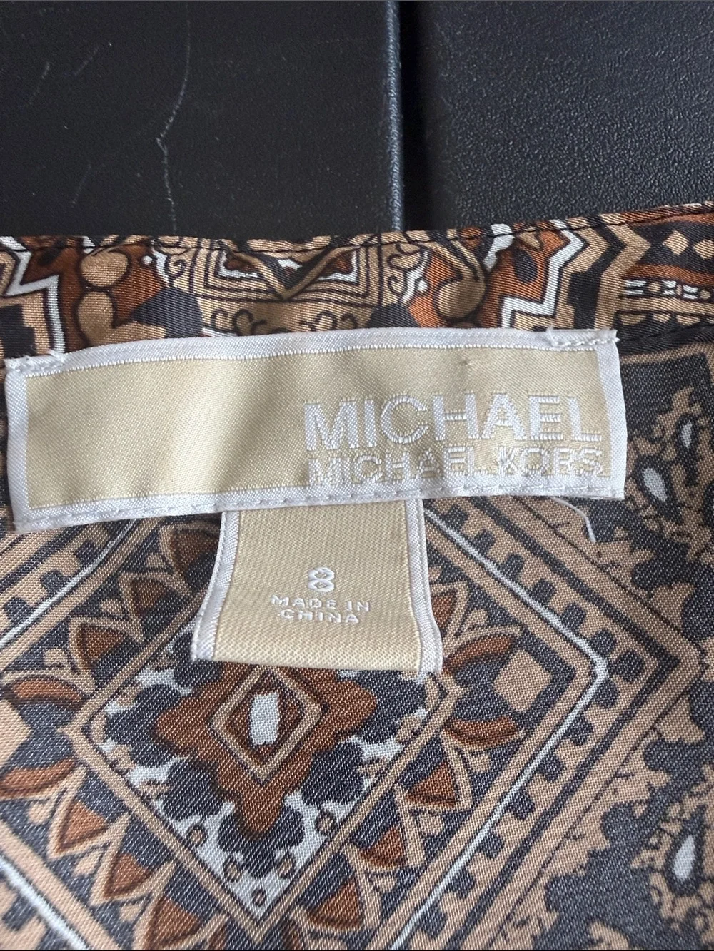 Michael Kors Brown and Black Geo-Print Long Sleeve Peplum Blouse